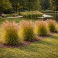 Miscanthus sinensis ‘Adagio’ , japánfű parkos környezetben, tó és pihenőpadok mellett.
