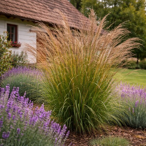 Miscanthus sinensis Adagio ,Japánfű levendulákkal egy régies parasztház udvarán