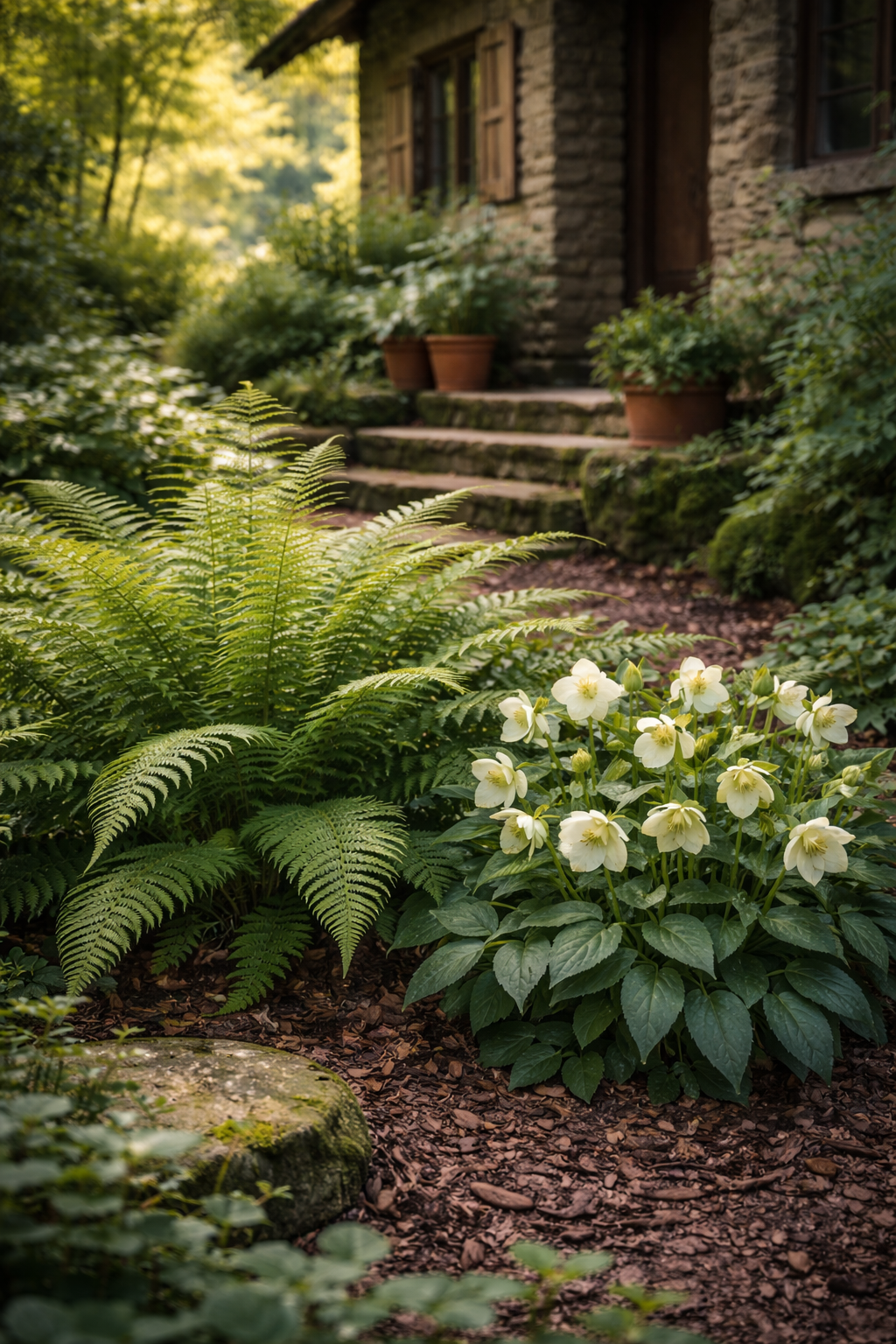 Páfrány és hunyor együttese árnyékos kertrészben.