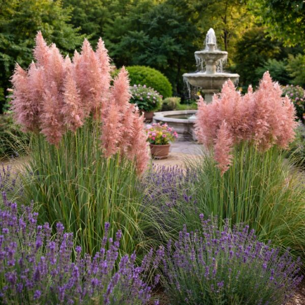 Rózsaszín pampafű (Cortaderia selloana) szökőkutas téren, levendulákkal társítva