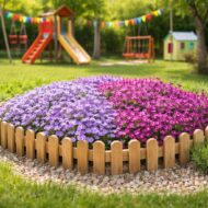 Aubrieta gracilis – Pázsitviola az óvoda udvarán, napos beültetés kis kerítéssel