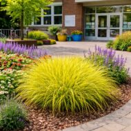 Pennisetum JS Jommenik CS14 –azaz a sárga levelű tollborzfű az iskola előkertjében