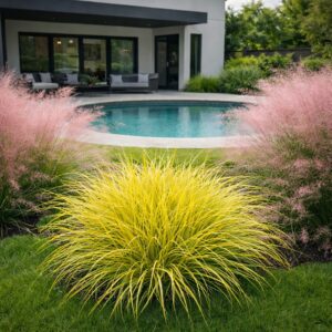 Pennisetum JS Jommenik CS14 azaz a sárga levelű tollborzfű modern kertben, kör alakú medencével és vattacukorfű társítással