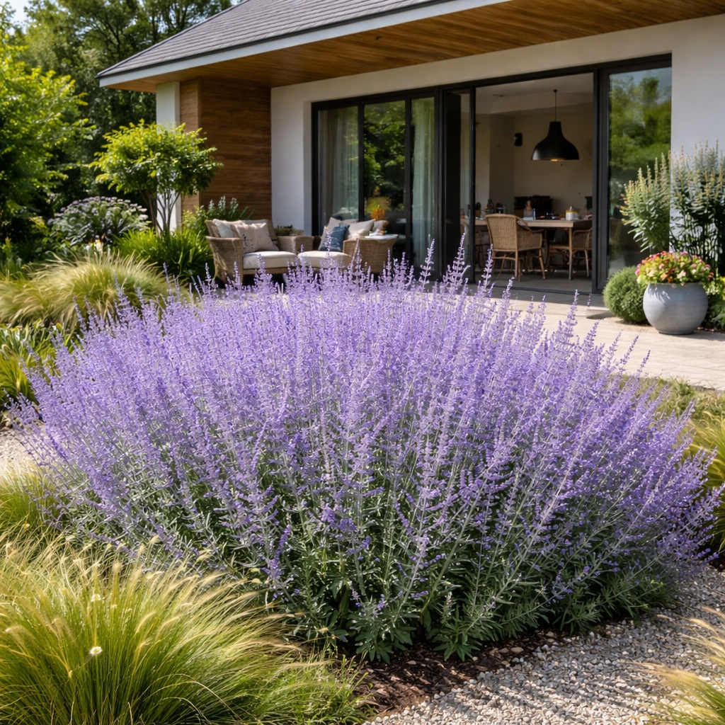 perovskia Perovskia atriplicifolia azaz a Sudárzsálya modern ház előkertjében.