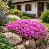 Phlox subulata – Rózsaszín árlevelű lángvirág rusztikus parasztház udvarában.