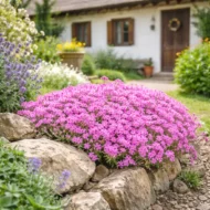 Phlox subulata – Rózsaszín árlevelű lángvirág rusztikus parasztház udvarában.