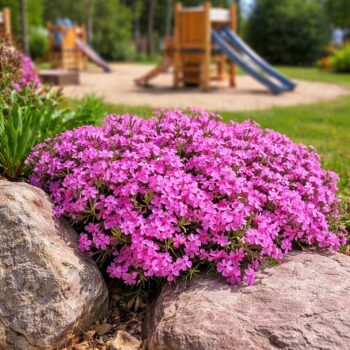 Phlox subulata – Rózsaszín árlevelű lángvirág játszótér mellett.