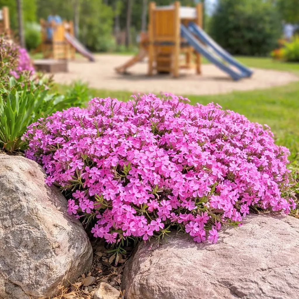 phlox Phlox subulata – Rózsaszín árlevelű lángvirág játszótér mellett.