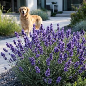 Lavandula ‘Arabian Nights’ liláskék provanszi levendula modern kertben, kutyával a háttérben