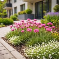 Armeria maritima – Tengerparti pázsitszegfű társasház előkertjében, molyhos madárhúrral társítva